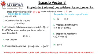 Propiedades ( axiomas) que satisfacen los vectores en Rn
Dado tres vectores en Rn
U, V, W y dos números reales c, d R
1.- U + V Rn
2.- Conmutativa de la suma
U+V = V+U
3.- Existencia del elemento un cero (0,0…0); en
Rn el “0 “va ser el vector que tiene todas las
coordenadas 0.
U+0= U
4.- U+ (-U) =0
5.- Propiedad Asociativa (U+V) +W= U+ (V+W)
Propiedad de producto por Escalar
6.- c.v ∈ R
7.-Propiedad distributiva
(c + d). V= c.V+d.V
8.- propiedad Asociativa
(c.d). V= c(d.V)
9.- 1V=V
“CUALQUIER ESPACIO VECTORIAL SERÁ UN CONJUNTO QUE SATIFAGA ESTAS NUEVE PROPIEDADES”
∈
∈
Espacio Vectorial
Propiedad de la suma
 