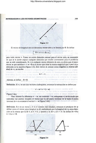INTRODUCCION A LOS VECTORES (GEOMETRICOSI 115
Figura 3.3
El vector de longitud cero se denomina vector cero y se denota por O. Se define
O+v=v+O=v
para todo vector v. Como no existe dirección natural para el vector cero, se convendrá
en que se le puede asignar cualquier dirección que resulte conveniente para el problema
que se esté considerando. Si v es cualquier vector diferente de cero, es obvio que el único
vector w que satisface v + w = Oes el vector que tiene la misma magnitud que v pero cuya
dirección es la opuesta (figura 3.3). Este vector se conoce como negativo (o inverso adi-
tivo) de v y se escribe
w=-v
Además, se define - 0=0.
/'o.--"~
Definición. Si v y w son dos vectores cualesquiera, entonces la sustracción se define por
v-w = v+(-w)
Figura 3.40).
Para obtener la diferencia v - w, sin construir - w, colóquense v y w de modo que
coincidan sus puntos iniciales; el vector que va del punto terminal de w hacia el punto
terminal de v es entonces el vector v - w (figura 3.4b)
Definición. Si v es un vector y k es el número real (escalar), entonces el producto kv se
define como el vector cuya longitud es Ikl multiplicado por la longitud de v y cuya direc-
ción es la misma que la de v, si k > 0, y opuesta a la de v, si k < o. Se define kv = Osi
k =0 o v=O. 
iJ_w
-w w w
(a) (b)
Figura 3.4
http://libreria-universitaria.blogspot.com
 