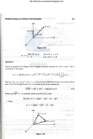 PRODUCTO ESCALAR (PUNTOI: PROYECCIONES 127
Ejemplo 5
r (0, 2, 21
(0,0, 1)
y
Figura 3.19
u.v= {llul~llvll cos e, si u -=1- o y v -=1- o
siu=Oó v=O
Como se muestra en la figura 3.19, el ángulo entre los vectores u = (O, O, 1) Yv = (O, 2,
2) es de 45°. Por tanto,
Sean u =(UI, U2 , U3) Y v =(VI. V2• V3 ) dos vectores diferentes de cero. Si, como en la fi·
gura 3.20, (J es el ángulo entre u y v, entonces la ley de los cosenos da
-"
Puesto que PQ = v - u, se puede volver a escribir (3.2) como
o bien,
- z
/ Figura 3.20
Q(VI. V2, V3 )
y
~
(3.2)
http://libreria-universitaria.blogspot.com
 