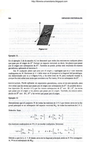 164 ESPACIOS VECTORIALES
Figura 4.4
Ejemplo 11
En el ejemplo 5 de la sección 4.2 se demostró que todos los vectores en cualquier plano
que pase por el origen de R 3
forman un espacio vectorial; es decir, los planos que pasan
por el origen son subespacios de R 3
. También se puede probar este resultadp de manera
geométrica, aplicando el teorema 4.
Sea W cualquier plano que pasa por el origen y supóngase que u y v son vectores
cualesquiera en W. Entonces u + v debe estar en W porque es la diagonal del paralelogra-
mo determinado por u y v (figura 4.4), y ku debe estar en W, para cualquier escalar k,
porque ku está sobre una recta que contiene a u. Por tanto, Wes un subespacio de R 3
•
OBSERVAClON. Puede aplicarse un argumento geométrico, como el de este ejemplo, pala
demostrar que las rectas que pasan por el origen son subespacios de R 3 . Es posible d!mos-
trar (ejercicio 20, sección 4.5) que los únicos subespacios de R 3
son : {O}, R 3
, las rectas
que pasan por el origen y los planos que pasan por el origen. También, los únicos subes-
pacios de R2 son: {O}, R 2
Y las rectas que pasan por el origen.
Ejemplo 12
Demuéstrese que el conjunto W de todas las matrices de 2 X 2 que tienen ceros en la dia-
gonal principal es un subespacio del espacio vectorial M22 de todas las matrices de 2 X 2.
Solución. Sean
[
O
A-
a 2 !
. [0
B -
- b2
!
dos matrices cualesquiera en W y k un escalar cualquiera. Entonces
[
O
kA =
- ka2 ,
y A+B = [ °
a2! + b 2 !
Debido a que kA y A + B tienen ceros en la diagonal principal, están en W. Por consiguien-
te, Wes un subespacio de M21 .
http://libreria-universitaria.blogspot.com
 