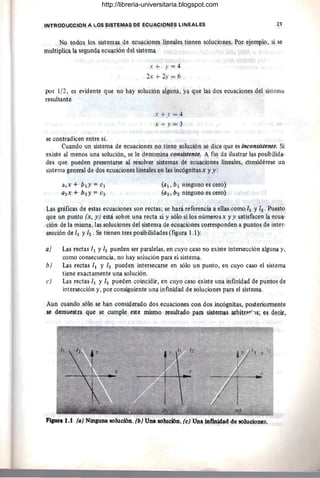 INTRO!>UCCIOl,/ A LOS SIS,TI;MAS DE ECUACIONES LINEALES 21
No to.dos los sistemas de ecuaciones lineales tienen soluciones. Por ejemplo, si se
multiplica, lª segunda e~uación del sistema
x + y = 4
2x + 2)" = 6
por 1/2, es evidente que n,o hay solución alguna, ya que las dos ecuaciones del sistema
resultante
s~ cO{ltradicen entre sí.
.+.1'=4
x+y=3
Cl~ndo un sist~ma de ecuaciones no tiene solución se dice que es inconsistente. Si
exi~te al menos l!na solución, se le denomina consistente. A fin de ilustrar las posibilida-
des qUe pueden p~esentarse al resolver sistemas de ecuaciones lineales, c"onsidérese un
sjstema general ele dos ecua,«iones lineales en las incógnitas.x y y:
alX + QIY = CI
(hx"¡" b2 Y = C2
(al' b l ninguno es cero)
(a2' b2 ninguno es cero)
Las gráficas de estas ecuaciones son rectas; se hará referencia a ellas como /1 y /2 ' Puesto
que un punto (x, y) está sobre una recta si y sólo si los números x y y satisfacen la ecua-
ción de la mism¡¡., las soluQiones del sistema de ecuaciones corresponden a puntos de inter-
sección de /1 y /1, . Se tienen tJ;es posibilidades (figura 1.1):
a) Las rectas /1 y /2 pueden ser paralelas, en cuyo caso no existe intersección alguna y,
como consecuencia, no hay solución para el sistema.
b) Las rectas /t y /2 pueden intersecarse en sólo un punto, en cuyo caso el sistema
tiene exactamente un,a solución.
é) L~s rectas /1 y /2 pueden coincidir, en cuyo caso existe una infinidad de puntos de
intersección y, por consiguiente una infinidad de soluciones para el sistema.
Aun cuando sólo ~e han considerado dos ecuaciones con dos incógnitas, posterionnente
se demue~trª que se cumple este mismo resultado para sistemas arbitrllr:,s; es decir,
Figura 1.1 (a) Nin$Una soluci6J. (b) Una solucl6n. (e) Una infmidad de soluciones.
http://libreria-universitaria.blogspot.com
 