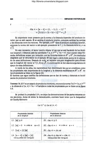 20~ ESPACIOg VetfOAIAL.18
y
t/(u,v) == Ilu - vii == «(1; -1) (1; ~ 1)1 /2
== [3(1)(1) + 2( = 1)( =;. 1¡JiI.1 == JS
Es iifiportálHe tener presente qUe la noma y lá distanda dependen del jjroduoto in,
terior qUe se ésté usando. Si se clhnbia el p~ductó interior. entonces cambiañ las normas
y las distancias entre los vectores. Po' ejemplo. si R2
tiéfié el ¡;roduutd eucJidlafio Ifltédbf,
entonces la northa del vectOr 11 del ejemplo pte¡;eclente es j, y la distáfWia entre ti y Vés
vI.
tri esté momento, elltwtóf púdría Objetar el U!it:) que ge está ha.c~ndb de lbs térm-
¡.
nos longitud y distan(¡ia para las cantidades <: ti; ti :>1/2 y IIU = vIí. Aun éUáhdü estas f6r;
mulas definidoras surgen por imitación con las f6rlhUlas dadas en k 2
y¡?'3, lbS fe$ultados
singulares qUé sé obtUvieron én el ejemplo 49 dan lugar aólérla dúda aCérca de'Ió adecua-
do de estliS defínidonés. Después de tbdo_
1 Sé féc¡ulefé Una gfllrtlmagifuHil6n pilfa afirmlít
que la longitud del vector U == (1, Q) es v'3. Acontírtuaci6fi se dan alguhós átgüifllHHQS lln
apoyo de éstas definiciones.
A través de los añús; los mí1térttáticos hart detertfiinado ¡as que sé considetan cómo
las propiedades más importantes de la jgflgittlu y la dJlitllfitiiü euclldianás en R?, y R3 es-
tas ptopiedades se listán en la figura 4.8. .
El teorema que sigue justifica las défitllclohés qUe se dañ dé I1blTi'lá Ydistancia en los es'
pacios de prodUctos irttei'iotes.
Teorema t6. Si Ves un espadudeJH'oductos Interiores, éHtcHici!s la HOrma Iiti 11=<: ti; ti >1/2
y la distancia d (ti; y) ;: Ilu ~ vii satisfaCt'n todas/as propiedades QUé' se liStan (In lallgu,ra
4,8.
Se probará la pfopiedªd L4 y se dejan las demostraciones de la!! partes testantés to-
mo ejétdcios. AnteÍl de itlldar la dílrttoSfracion, Conviene haéer Mtar que la desigUaldad
dé éauéhy-Schwal'tz
.. . ~ .. ._- ___ o
--- ",_0'-
-- .- ,- ..~,- _____. .- - -
Ptoplef/ádM M$ictls Ptd¡jiédfJdiH; /jáSiéBs
dé ia longitud fié ia d/stancia
-- ~ - :¡: - _. -- . ~.:.;.: .' - .. ~ " - - --
_. . .-- - - - - - -
~_*r_ • _ •
_._~ -
LI. 110 11 ~o DI, dlu. v) Z O
L2. Ilull = 0 si V s610 SI 11=0 m. "lu. v) == d si y s610 SI ti "" v
Ll. II"ull = 1"111011 D3. d(u.v) == d(v. 11)
L4. Ilu + vii::; Ilull + IIvll D4. tI(U. v) ~ li(u. w) -F tI('. ,.¡
(desigualdad dei triángulo) (d!isigUaidad del ttiánguiú)
http://libreria-universitaria.blogspot.com
 