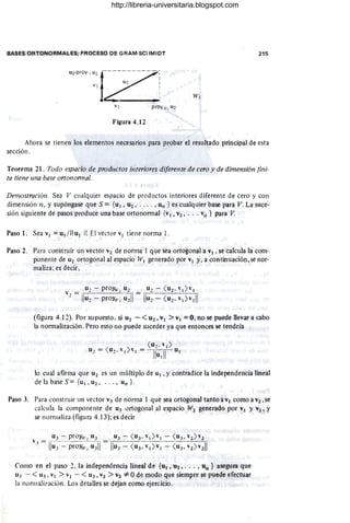 BASES ORTONORMALES; PROCESO DE GRAM-SCIIMIDT 215
u2-proy /, Uz t-
L-
-------- i.
U ~ I
V~ I
I
•
W¡
VI
Figura 4.12
Ahora se tienen los elementos necesarios para probar el resultado principal de esta
sección.
Teorema 21. Todo espacio de productos interiores diferente de cero y de dimensión fini-
ta tiene ulla base ortol1onnal.
Demostración. Sea V cualquier espacio de productos interiores diferente de cero y con
dimensión 11 , y supóngase que S = {u¡! u2, ... . , u1¡ } es cualquier base para V. La suce-
sión siguiente de pasos produce una base ortonormal {VI, V2 , . .. VII} para V
Paso l. Sea V¡ == u¡ /11 U¡ 11. El vector VI tiene norma 1.
Paso 2. Para construir un vector V2 de nonna 1 que sea ortogonal a VI , se calcula la com-
ponente de U2 ortogonal al espacio W¡ generado por V¡ y,a continuación,se nor-
maliza; es decir,
'0
, = U 2 - proYl,o
¡ U 2 = u2 - ( u2 - "I >'o
¡
- lIu2 - proYl, , u2 11 IIu2 - (u2 - "1 >"111
(figura 4.12). Por supuesto. si U2 - <U2, v¡ >VI = O, no se puede llevar a cabo
la normalización. Pero esto no puede suceder ya que entonces se tendría
lo cual afirma que u2 es un múltiplo de UI , Ycontradice la independencia lineal
delabaseS= {UI , U2 , . . . , un }.
Paso 3. Para construir un vector V3 de norma 1 que sea ortogonal tanto aVI como a V2 ' se
calcula la componente de U3 ürtogonal al espacio W2 generado por VI y V2' Y
se nonnaliza (figura 4.13); es decir
COIllO en el paso 2. la independencia lineal de {UI, U2,' .. , un} asegura que
U3 - < U3, VI >VI - <U3, V2 >V2 "*Ode modo que siempre se puede efectuar
la nonnalización. Los detalles se dejan como ejercicio.
http://libreria-universitaria.blogspot.com
 