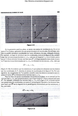 COORDENADAS; CAMBIO DE BASE 223
Fipra 4.15
En la geometría analítica plana, se asocia una pareja de coordenadas (a, b) con un
punto P en el plano, aplicando dos ejes perpendiculares de coordenadas. Sin embargo, tamo
bién es posible introducir coordenadas sin hacer referencia a los ejes, utilizando vectores..
P r ejemplo, en lugar de introducir ejes de coordenadas, como en la figura 4.ISa, considé-
rense dos vectores perpendiculares VI y V2, cada uno de longitud 1, y con el mismo punto
inicial O. (Estos vectores forman una base para R2 .) Al bajar perpendiculares desde un pun-
to P hacia las rectas determinadas por VI y V2, se obtienen los vectores aVI YbV2 tales que
(figura 4.1Sb). Es evidente que los números a y b que acaban de obtenerse son los mismos
que las coordenadas de P, relativas al sistema de coordenadas de la figura 4.1Sa. Por con-
siguiente, las coordenadas de P se pueden concebir como los números necesarios para ex-
--+
presar el vector OP en términos de los vectores base VI y V2.
Para los fines de asociar coordenadas a los puntos en el plano, no es esencial que los
vectores base VI YV2 sean perpendiculares o que tengan longitud 1;basta cualquier base para
R2
• Por ejemplo, utilizando los vectores base VI y V2 de la figura 4.16, se puede asociar
una pareja únic~e coordenadas a un punto P, proyecta)1do P paralelo a los vectores base,
para hacer que OP sea la diagonal de un paralelogramo determinado por los vectores aVI Y
bV2 ; por tanto
Fiaura4.16
http://libreria-universitaria.blogspot.com
 