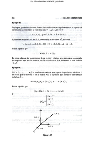 226 ESPACIOS VECTORIALES
Ejemplo 61
Supóngase que se introduce un sl:;tema de coordenadas rectangulares xyz en el espacio tri-
dimensional y considérese la base estándar S = (~j, k } , en donde
i = (1, 0, O), j = (O, 1, O), Y k = (O, 0, 1)
Si, como en la figura 4.17, v = (a, b, a,) es cualquier vector en R3
, entonces
v = (a, b, e) = a(l, O? O) -+ b(O, 1, O) + c(O, 0, 1) = ai + bj + ck
lo cual significa que
v = (r, b, e) = (v)s
En otras palabras, las componentes de un vector v relativas a un sistema de coordenadas
rectangulares xyz son las mismas que las coordenadas de v, relativas a la base estándar
{~j, k} .
Ejemplo 62
Si-S == {Vi, V2, •.• , Vn } es una base ortonormal a un espacio de productos interiores V,
entonces, por el teorema 18 de la sección 4.9, la expresión para un vector u en términos
de la base S es
lo cual significa que
y
(O, O, 1)
r (a, b, e)
Fiaura4.17
http://libreria-universitaria.blogspot.com
 