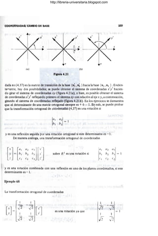 COORDtNADA$; tAMaiO ól: BASE
,
x
(a) (b)
dada en (4.31) es la matriz de transicion de la basé {u~ ,ü; }hacia la base (u1 ; ú 2 } . Eviden-
teTYJente, hay dos posibilidades; se puede obtener el sístérhá de coordenádas x'/ haden-
do girar el sisterhá de coordenadas xy (figura 4.21a), o bien, es posible obtener el sisterha
de coordenadas X'y" reflejando prin'lerb el sistemaxy con relací6nal eje x y, a Continuación,
girando el sístema de coordenadas reflejado (figura 4.21 b). En los ejercicios se derhuestra
que el determinante 'oe tina matriz ortogonal siempre es + ó - l . Es más, Se puede probar
que la transformaCión ortogonal de coordenadas (4.31) es una rotación si
a l
2 = I
fj
2
y es urta reflex16n seguída í''Of una rotación ortogonal si este determinante eS - 1.
De manera análoga, una transformación órtogonal de coordenadas
(/1 (/ 2 (/31
sobre R3
es una rotacióri si !JI h2 h3J = 1
(' 1 ('1 ('
J
y es una rotación combinada con una reflexión en Uho de los planos coordenados; si este
determinante es - 1.
Ejemplo 68
La transformación oHogonal de coordenadas
I
- ,- "-"
[:J=
J2 -,/2.
[;,]
1 I
es una rotación ya que
JI j2
I
J1
I
..)2
= 1
I
r:¡
y -
http://libreria-universitaria.blogspot.com
 