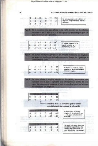 30
[~
[~
[~
4
O
4
2
O
4
2
O
O
-10
-2
-5
-5
-2
- 5
-5
-2
5
6
O
6
3
O
6
3
O
O
SISTEMAS DE ECUACIONES LINEALES Y MATRICES
12
7
-5
6
7
-5
6
7
-17
28l
12
-1
14]
12
-1
14]
12
-29
Se intercambiaron el primero y
segundo renglones de la matriz
ejemplo.
El primer renglón de la
matriz anterior se
multiplicó por 1/2 .
Se sumó -2 veces el primer
renglón de la matriz anterior
al tercer renglón.
. s ' 1" __ • '''r-''''''''''''-''-''-~~;': ·-~''"'I''""¡;4 ...
. . ' ~', ~ ..' ,"'".';. ,", ,,"':' -1 r:
" • v • " .... ~ "'_ ti
. .
" ' - ' .~~.~'/):~"' J:"~~ :/I","~i;-.."':~;
[~ O -2 O 7
12J
O 5 O -17 -29
t Columna más a la izquierda que no consta
completamente de ceros en la subrnatriz
l~
Se multiplicó el primer
O 1 O 7
-6J renglón de Íasubmatriz por
- 2
O 5 O -17 -29
-1/2. para introducir un 1
principal.
-~J
Se sumó -s veces el primer
O O 1 O 7 renglón al segundo de ella
- 2
misma para introducir un
O O O O 1
cero debajo del 1 principal.
2
http://libreria-universitaria.blogspot.com
 