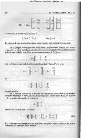 268
J .~
TRANSF.ORMACIO~ES LINE.o.LES
I , ~:...  ¡ . ... t , '. "'" '
~
all
(/2¡
T (e¡) = Ae¡ = :
am 1
Así entonces, la matriz está~dar para Tes
.• • I
I
En res!lTl1en, la matriz e~tándar para Una transformación matricial es la propia matriz.
En el ejt~lo 20 se sugiere una nueva, m'lnera de conceqir la~ matfÍce~. Una matriz
A de m X n se p~ede considerar como la matriz estándar para la transformación lineal que
ilPlic~ Ifl'base est~nd~r para R~ en Ips vector~s col~mqa de A. Por tanto~ ' ,
-2
4
es la matriz estándar para la transformación lineal de R 3
hacia R2
que aplica
.. l. · . 'l. ' , , •
en
respectivament~:
En el resto de esta sección se estudian las propiedades geométricas de las transfor-
maciones lineales en el pla~~, es decir, transformacio~~s, lineales deR~ ·haciaR~ . Si T:R2
:-* R 2 ~s un~ transf;rmació~ de ~ste tipo y .<. . , . . . , '
, [a b]
A = e d
es la matriz estándar pilfa T, entonces
T([x]) - [a b] [x]_[ax + b
Y
]
Y - e d y - ex + tly
(5.9)
Hay dos interpretaciones geométricas igualmente aprppiadas para esta, fórmula : Es posible
considerar los elementos de las matricés < . • • . ' , •
http://libreria-universitaria.blogspot.com
 