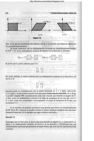 272
r-~~~.(x, y)
k>O
Figura 5.8
TRANSFORMACiONES LÍÑeifÚS
k<e
fijos, y los que se encuentran más alejados del eje y se mueven una distancia mayor que
los que están más cercanos. .
Se puede demostrar que los desliiamientos cortantes son transformációnes lineales,
Si TR2
-+ R 2
es un deslizamiento cortante de factor k en la diTecéiórt X, entonces
de modo que la matriz estándar para Tes
De rriodo análogo, ia niátriz estándar para un deslizamiento cortante en la direcéióny, de
fáctor k, es
OBSERVACION. La multiplicación por la matriz identidad de 2 x 2 aplica cada punto
en sí mismo. A esta transformacióh se le denomina trimsforniadón identidad. Si se desea,
es posible imaginar 8§ta transfórmacióri como una rotación que describe un ángUlo de 0°,
o bien, como un deslizamiento cortante a lo largo de cualquiera de los dos ejes, con k =
0, o bien, como una compresión o una expansión a lo largo de cualquiera de los ejes, cori
un factór k == l.
Si se efectúan en sucesión un número muy grande, pero finito, de transformaCiones
de Rn hacia Rn, entonces es posible obtener el misnio resultado mediante una sola trans-
formación matricial. En el ejemplo que sigue se ilustra este hecho.
Ejemplo 22
Supóngase que se hace giTar el plano hasta que describe un ángulo ey, a continuación; se
sujeta a un deslizamiento cortante, de factor k, en la dirección x. Encuentrese una sola
transformación matricial que produzca el mismo efecto que el de lás dos transformaciones
sucesivas.
http://libreria-universitaria.blogspot.com
 