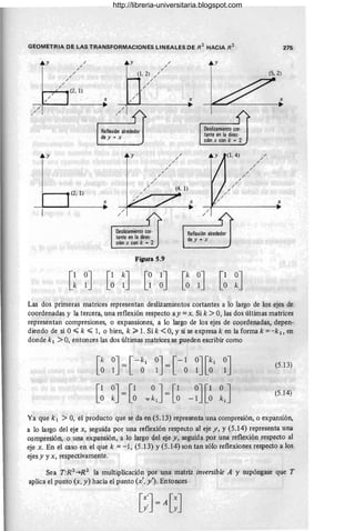 GEOMETRIA DE LAS TRANSFORMACIONES LINEALES DE R2
HACIA R2
r 1
(2,1)
I
I
Reflexión alrededor
de y - x
y / /
/
/
/
/
/
/
/
Deslizamiento cor-
tante en la direc-
ción x con k = 2
/ (4,1)
x
•
// ~--~..
/
/
/
Deslizamiento cor-
tante en la direc-
ción x con k - 2
Figura 5.9
Reflexión alrededor
de y - x
275
x
•
Las dos primeras matrices representan deslizamientos cortantes a 10 largo de los ejes de
coordenadas y la tercera, una reflexión respecto ay = x. Si k > 0, las dos últimas matrices
representan compresiones, o expansiones, a 10 largo de los ejes de coordenadas, depen-
diendo de si °«k « 1, o bien, k ;;. 1. Si k <0, y si se expresa k en la forma k = -k1, en
donde k1 > 0, entonces las dos últimas matrices se pueden escribir como
[~ ~J = [-~l ~J=[-~ ~J[~l ~J
[~ ~J = [~ ~~J = [~ - ~J [~ ~J
(5.13)
(5.14)
Ya -que k 1 > 0, el producto que se da en (5.13) representa una compresión, o expansión,
a 10 largo del eje x, seguida por una reflexión respecto al eje y, y (5.14) representa una
compresión, o una expansión, a 10 largo del eje y, seguida por una reflexión respecto al
eje x. En el caso en el que k = -1, (5.13) Y(5.14) son tan sólo reflexiones respecto a los
ejes y y x, respectivamente.
Sea T:R2~R2 la multiplicación por una matriz inversible A y supóngase que T
aplica el punto (x, y) hacia el punto (x', y'). Entonces
http://libreria-universitaria.blogspot.com
 