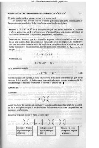 t:~ ~ectür plede vt;rificar qv.~ ~sta m,atriz es Iª invma d~ A.
S,e concluye esta sec(;jón, con düs. teo.remas que sumtnistrar. cierto. co.nücimiento. de
l:as propiedades geümétriQ;as qe Iis tr(lnSfo.nnacjo.nes lin~al~s en el plap.ü.
Teom"" 5. Si TR2
-+ R,2 es la, /1ílultiplicacióf/ por una f11{ltriz inpersible A, entonces
el efecto geor,nét1'ico de T es el mismo. que el prOducidg por ~n(2 Sucfsión apropiada de
des#zrpniel;1to.s cor((llJ¡tes cOl1;lpresiolfes" e¿pqJ1siqne~ y r?lk.¿;ione~.
J¡)emostl;ación. Supu,esJo. que ;4 es inyef~ible, se pu~qe reducg- hasta la idel1tidad po.r me-
dio, de una sU,cestón,finita ~e Qpe~<lcio..nes' ~~emel1ta,les sopre lp~ renglo.nes. Es po.sible ~fec­
tuaí U
,na 9peración eJement~ s9.br~ 19s renglo.nes ¡tI multiplicar d()sde la izquierda po.r una,
ma~Fiz el~me¡;¡.tal y, en c(;ms~c,:ue¡:¡cja, existen las llla,trices ele~en~a,les?!~ ff2"" ,1J~, !a-
~es que
A,~ ctespejax-A; qa
(5.15)
En, est! eü1ación Síl expresa Ji co.mp un produ,cto de matrices ele!1l()p.tales (ya, qUe, por el
te(),'en,
1a 9 <!íl1li sec(,:iÓl 1.6" la inver&li de llna matriz eleTpental t?mqién ~s ()lel11¡:ntal). t:n-
to.nces. S¡; llega al íesultil,do. co.n base eillº visto en, el eje¡np!o. +4· ,
l;:jempl,o ~7
cümo. pro~u,cto. de matriCeS elementa!es y, a co.ntin1.!ación, d()scríbase el efecto geo.métri-
90. de la multipljcil<;Em po.r A, tl/1 términos de deslizamiep.to.s cortantes, co.mpresio.nes, ex-
pa,nsio.nes y r()fj~xion.es. '
, ,
Solución. Se pl,lede reducj~ A hasta I. co.mo. sigue:
[1?-J~ [1 ~J ~ [1 2J~[1 0J
3 4 O -~ ° 1 ° 1
r----...,...",-:--,...,
Súmese"'" 3. veces
el primer renglón
al tercero
M;ultiplíquese el
segundo. renglón
1 .
PQr -2
Súmese - 2 veces
el segundo. renglón
a,lprimero
http://libreria-universitaria.blogspot.com
 
