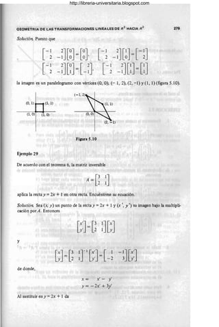 GEOMETRIA DE LAS TRANSFORMACIONES LINEALES DE R
2
HACIA R
2
279
Solución. Puesto que
la imagen es un paralelogramo con vértices (O, O), (- 1,2), (2, -1) Y(1,1) (figura 5.10).
(1, O) (1, O)
Figura 5.10
Ejemplo 29
De acuerdo con el teorema 6, la matriz inversible
aplica la recta y = 2x + 1 en otra recta. Encuéntrese su ecuación.
Solución. Sea (x, y) un punto de la recta y =2x + 1 Y(x " y ') su imagen bajo la multipli-
cación por A. Entonces
y
de donde,
x = x' - y'
y = -2x' + 3/
Al sustituir en y = 2x + 1 da
http://libreria-universitaria.blogspot.com
 
