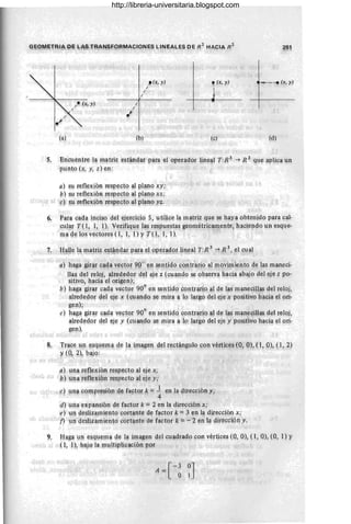 (a)
/
/
.t
(b)
! (x, y)
I
---1--..- - - -
(c)
5. Encuentre la matriz estándar para el operador lineal T:R 3
-* R 3 que aplica un
- , ,,o _ ~ •• ". , • • • _ , o" • • ~ l) .... ..,! .• , . , .....
pun!9 (.:t, y, z~ en:
a) s~ reflt:}¡:ión respectp al pl¡mo ~y;
b) su reflexión respecto a,l planp xz;
~)' s~ refl~xió~ r~sp~ci~ aÍ pl~n~ yz.
'
• . , •• ~- "-.'0 • • '"" ,~, ~ c· ""'J.
6. Para cadl! ~~ciso de} ¡üercicio 5, utili~e la ma,triz qu~ se haya obttm~do par~ cal:
¡::u1¡1! :r(1, 1, 1). Yerifiql!~ l~s r@spu~st~§ !foe~métri~aw-ente, h~cieJlqo j.¡n esque-
Il1~4t1osvecton?§(l, 1, l)y TP1 1, p.
1. ' If~~e!~ ~~~~if e~ttlligili Pjgil: ~! ppeHld?r.line¡4 T:
'R 3 ¿ ~ 3, el c~al
fl) h'!pa !W~ c~~ll Yect~~ Qgo en sentido ~qntr~rio al TI1qvpni~nto qe las maneci-
llas del reloj, alrededor del eje z (cuando se observa hacia abajo del eje z po-
SitiYO, hacía el origen); ...,.", . .... . " . ' . .
~ .. ~.. J . o
b) haga girar cada vector 90 en sentido contrariQ al de las manecillas del reloj,
.. ~iedef!p; d~'l'~je ~ (~uaqqq ~e 'Illirfl'~ IR'la.rg~ 4~1 "~~e x ppsiti~o p.,!~ia el 9ri:
gen); ' .
e), hagi!'~rar S~da, yestor 9q'l eq s~!1tüi8 co~trar~o al d~ las manecillas gel r~loj,
air~d~qpr 4tl eje y (c~enqo ~e ¡nira a lo ¡argo dl!!l eje y pqsitiyQ p.¡¡cia t I pri:
g~J1).
~. Tra¡;e lln ~squeIlJ~ de l¡t ÍIl1a,gt:q q~l r~ctánBl'llo son v~r*es (O, P (L P), (1~ 21
't (91 2)~ pajq:
a) una reflexión n~specto al eje x;
b) ima F~fl~;ip~ re~pe~to al ej~ y;
r:} Hna c8I!1pr@sipn qe fa~:tc?r k =~ en la direcciém)!;
d) u!1a e~pansg)ll g~ facto! k =2 en la qire~ción x;
f? ) J.!H g!!~U?:lITlt<;ntq cortante d<; f¡¡ctor k =3 ~n 1~ d~~99i8n x;
j) un'cjé§Uz~i<;Il,W cqFt~te de factor k = - 2 en l~ 9ir~cción y.
Hag¡¡ l;l!1 esgll~¡na. ¡:le l~ ÍIf!ag!!n de~ cuadraqp con vé~tices (Q, Q), (1, O), (O, 1) Y,
(1,! l¡b~Jq 1< WH!!iplip~c~pn pqr
http://libreria-universitaria.blogspot.com
 