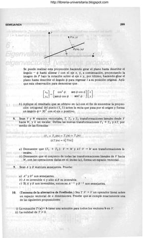SEMEJANZA 299
y
x
Se puede realizar esta proyección haciendo girar el plano hasta describir el
ángulo - I/J hasta alinear 1 con el eje x, y, a continuación, proyectando la
imagen de P bajo la rotación sobre el eje x y, por último, haciendo girar el
plano hasta describir el ángulo I/J para regresar 1 a su posición original. Apli-
que esta observación para demostrar que
[
xo] = [ cos
2
cjJ sen cjJ cos cjJ] [x]
Yo sen cjJ cos cjJ sen2
cjJ y
b) Aplique el resultado que se obtuvo en (a) con el fin de encontrar la proyec-
ción ortogonal del punto (1, 5) sobre la recta que pasa por el origen y forma
un ángulo I/J = 30° con el eje x positivo.
8. Sean V y W espacios vectoriales, T, TI Y T2 transformaciones lineales desde V
hacia W, y k un escalar. Defina las nuevas transformaciones TI + T2 YkT, por
medio de las fórmulas
(T¡ + T 2 )(x) = T¡(x) + T 2(x )
(kT)(x) = k[T(x)]
a) Demuestre que (TI + T2 ): V ~ W y kr: V ~ W son transformaciones li-
neales. '
b) Demuestre que el conjunto de todas las transformaciones lineales de V hacia
W, con las operaciones dadas en el inciso (a), forma un espacio vectorial.
9. Sean A y B matrices semejantes. Pruebe:
a) A t YB r son semejantes.
b) A es inversible ~i y sólo si B es inversible.
e) Si A YB son inversibles, entonces A - 1 YB - 1 son semejantes.
10. (Teorema de la alternativa de Fredholm.) Sea T:V ~ Vun operador lineal sobre
un espacio vectorial de n dimensiones. Pruebe que se cumple exactamente una
de las siguientes proposiciones :
i) La ecuación T (x) = b tiene una solución para todos los vectores b en V.
ü) La nulidad de T>O.
http://libreria-universitaria.blogspot.com
 
