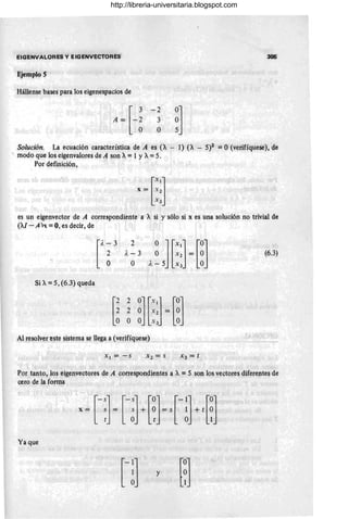 EIGENVALORES y EIGENVECTORES
Ejemplo S
Hállense bases para los eigenespacios de
-2
3
°
305
~]
Solución. La ecuación característica de A es (X - 1) (X - 5)2 = O (verifíquese), de
, modo que los eigenvalores de A son X= 1 Y X= 5.
Por definición,
es un eigenvector de A correspondiente a X si y sólo si x es una solución no trivial de
(Al - Ah: = 0, es decir, de
Si X= 5, (6.3) queda
2
A.-3
°
°][Xl] [0]
° X 2 = °
A. -5 X 3 O
Al resolver este sistema se llega a (verifíquese)
Xl = -s
(6.3)
Por tanto, los eigenvectores de A correspondientes a X = 5 son los vectores diferentes de
cero de la fo·rma
Ya que
y
http://libreria-universitaria.blogspot.com
 