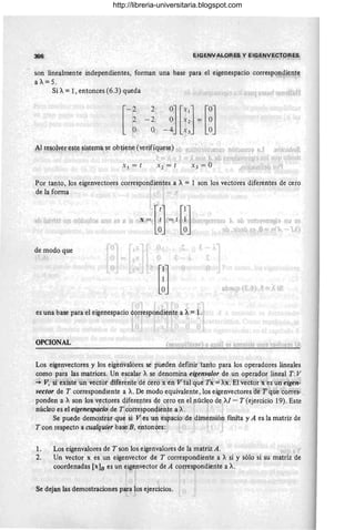 306
son linealmente independientes, forman una base para el eigenespacio correspon11en~e
a 11.= 5.
Si A=1, entonces (6.3) queda
[
-2. 2 0J [Xlj [0]
2 ) - 2 _ ° ~2- = °
0 , 0 , 4 '3 °
Al resolver este sistema'se obtiene:(verifíquese)
... '" , " _..
Xl = t X2 = t
Por tanto, los eigenvectores correspondientes a A= 1 son los vectores diferentes de cero
de la forma ¡ ,
i ' I e
de modo que
 r .'
"
1:
es una base para el eigenespacio 6~f~esp¿ndi~ritr: a A= l..¡
I
l'
OPCIONAL
q<snlL. t ~í., I !:.l:lVW))ll'.l n J 2
1 b '1 O~ yfl . 'di)
l
,.
.1
Los eigenvectores y los eigenva:lores sé pueden defliiir tanto para los operadores lineales
como para las matrices. Un escalar A se denomina eigenvalor de un operador lineal T: V
'4. V,-'si'existthln'vector diferén'te/de tero'x'en Vfál'quJ'-r)l·dAx)
. El vécthrx bs(i1n!le~gehl
vector de T correspondiente a A. De modo equivalente, los eigenvectores lié q-;qilb'~ (:mes­
ponden a A son los vr~tpres diferentes d~ cero ~n eLpúc1eo de/ I - T (ejercicio 19). Este
núcleo es el eigenespacio de T,corre:spon4i~n~e a íA·. ' !
Se puede demo)sú~r qué si Ves un ¡¿spacio 'de dimensión finita y A es la matriz de
T con respecto a cualquier bas:'B, elnton~s~ L ¡, 1
l. Los eigenvalores de T son los eigenvalofes de la matriz A. 'ji' 1) "
2. Un vector x es un eigenvector de T correspondiente a A si y sólo si su matriz de
coordenadas [x]B es un eigenvector de A correspondiente a A.
t"i , I
I I !
Se dejan las demostraciones p~r~los ejer~icios. !J, 1
I
~ j l 
http://libreria-universitaria.blogspot.com
 