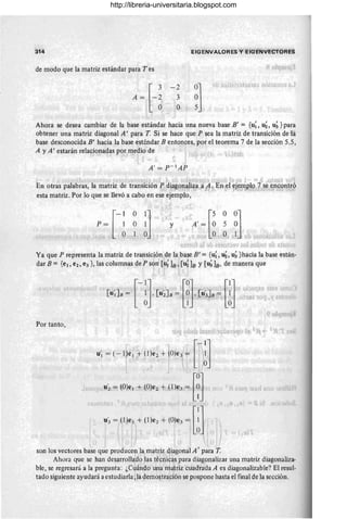 314 EIGENVAlORES :Y EIGENVEOTORÉS
de modo que la matriz estándar para Tes ?o: ¡IQm ,ji
A =,.[-~
l' d ~]
Ahora se desea cambiar de la base estándar hacia una nueva base B' = {u; , u~, u~ }para
obtener una matriz diagonal A' para T. Si se hace que P sea la matriz de transición dda
base desconocida B' hacia la base estándar B entonces, por el teorema 7 de la sección 5.5,
A YA' estarán relacionadas por medio de ' )i -'  ' IJ':.'.
. '¡j.'¡ l ' I J J ' ) .-1 ~. _ 'd .. j ( r j ~) .; j ~ ~ (i j,! • j 1f
En otras palabras, la matriz de transición 1;'!,di.a~m~ap~ á,1; En $1~j~m~?}}~¿;p,s.?'1}tr{)
esta matriz. Por lo que se llevó a cabo en ese ejemplo, -
" <: - r
-
C'
O
iJ
- [5 O
~~]
P = 1 O Y A' = O 5
 O l. , .. • ¡ .o• O
J " _
f 'jTH,f '.ji '"j J :.;~ l ' .J'Jy ~oJ )";,1 " ~; ~11 ¡
Ya que P representa la matriz de transición de la base B' = {u; , ~, u~ }hacia la base están-
dar B = {el, e2, e3}, las columnas de P s6n' [u; lB H~ lB y [~lB ' de manera que
, '
1. 1 !
f(¡l ,
Por tanto,
1
r [ce- IJ
' , I i,
U'l = (-I)e 1 ,
+ (l)ez + (0)e3I t, ¡,1
i " - . ¡ ¡ , ,,0'
l ¡ r ¡ . J •
. "". u', 0= (O)e, +. (O)e, +(1)e" ~,Hl,,, ,
.,,'"
:':~';:le:':'(:)
:,'~::le
,,"~,'[":'~:1I j" • " J' . ,2 ,..,"
I ': ... . i I O I ! 1
ji 1, ,; ~ .).1:.. " ,¡Ui tl:)II
I 1 : I : d: ¡lo i
, I ,., . ,
son los vectores base que producen l,a
l
matriz diagonal A para T.
Ahora crue se han desarrollabo ias técnids para diagonalizar una matriz diagonaliza·
ble, se regresará a la pregunta: ¿C4ándo u~~ ir/atriz cJad'ra'tla A es diagonalizable? El resul-
tado siguiente ayudará a estudiarla ;)a demostración se pospone hasta el final de la sección.
http://libreria-universitaria.blogspot.com
 