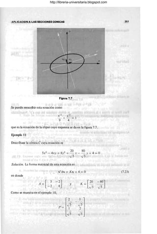 APL ICACION A LAS SECCIONES CONICAS 351
Figura 7.7
Se puede reescribir esta ecuación como
que es la ecuación de la elipse cuyo esquema se da en la figura 7.7.
Ejemplo 11
Descríbase la cónica e cuya ecuación es
2 2 20 80
5x - 4xy + 8y + ~ x - ~ y + 4 = O
J5 J5
Solución. La forma matricial de esta ecuación es
x'Ax + Kx + 4 = O (7.23)
en donde
y
[ 20 -~
50J
K = _.../5 Y.J
Como se muestra en el ejemplo 10,
[
.L
) 5
p = 1
J5 .
http://libreria-universitaria.blogspot.com
 