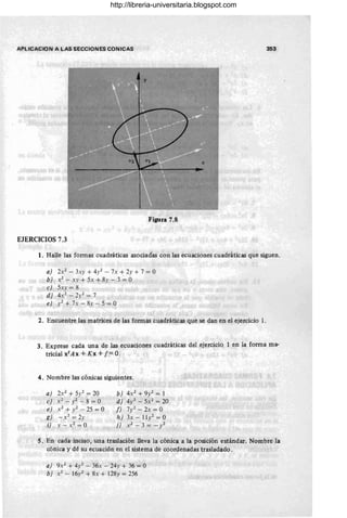 APLlCACION A LAS SECCIONES CONICAS 353
Figura 7.8
EJERCICIOS 7.3
1. Halle las fonnas cuadráticas asociadas con las ecuaciones cuadráticas que siguen.
a) 2X2 - 3xy + 4y2 - 7x + 2y + 7 = O
b) X2 - X)' + 5x + 8)' - 3 = O
e) 5xy = 8
d) 4X2 - 2.1'2 = 7
e) i + 7x - 8.1' - 5 = O
2. Encuentre las matrices de las fonnas cuadráticas que se dan en el ejercicio 1.
3. Exprese cada una de las ecuaciones cuadráticas del ejercicio 1 en la fonna ma-
tricial xtA x + Kx +f= O.
4. Nombre las cónicas siguientes.
a) 2.'(2 + 5.1'2 = 20
e) X2 - .'2 - 8 = O
e) X2 + y2 - 25 = O
g) -x2
=2)'
i} .r - X2 = O
b ) 4x2
+9y2=1
d) 4y2 - 5X2 = 20
f) 7y2 - 2x = O
h) 3x - 11y2 = O
j) X2 _ 3 = _ y2
5. En cada inciso, una traslación lleva la cónica a la posición estándar. Nombre la
cónica y dé su ecuación en el sistema de coordenadas trasladado .
a) 9X2 + 4i - 36x - 24y + 36 = O
b) X2 - 16i + 8x + 128y = 256
http://libreria-universitaria.blogspot.com
 