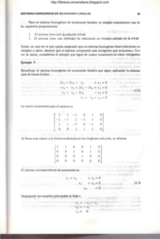 SISTEMAS HOMOGENEOS DE ECUACIONES LINEALES 39
Para un sistema homogéneo de ecuaciones lineales, se cumple exactamente una de
las siguientes proposiciones:
l . El sistema tiene sólo la solución trivial.
2. El sistema tiene una infinidad de soluciones no triviales además de la trivial.
Existe un caso en el que queda asegurado que un sistema homogéneo tiene soluciones no
triviales; a saber, siempre que el sistema comprende más incógnitas que ecuaciont::~. P::ra
ver la razón, considérese el ejemplo que sigue de cuatro ecuaciones en cinco incógnitas.
Ejemplo 9
Resuélvase el sistema homogéneo de ecuaciones lineales que sigue, aplicando la elimina-
ción de Gauss-Jordan.
+ x5 = O
-Xl - X 2 + 2X3 - 3x4 + x 5 = O
Xl + X 2 - 2x 3 - X 5 = O
X 3 + X4 + X 5 = O
La matriz aumentada para el sistema es
[-1
:2 -1 O
~J
-1 2 -3
1 - 2 O -1
O 1
Al llevar esta matriz a la forma escalonada en los renglones reducida, se obtiene
1
O
O
O
o
1
O
O
O
O
1
O
1
1
O
O
El sistema correspondiente de ecuaciones es
Xl + x 2 + x 5 = O
X3 + X5 = O
x4 = O
Despejando las variables principales se llega a
X l = - X2 - x 5
x3 = - x 5
X 4 = O
(1.2)
(1.3)
http://libreria-universitaria.blogspot.com
 