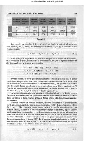 LOS METODOS DE GAUSS-SEI DE L V DE JACOBI 371
o -1.3 -1.035 - .9980 - .99935 - .99999 -1.0000
o 1.8 2.015 2.004 2.0000 1.9999 2.0000
Figura 8.1
Por ejemplo, para resolver (8.9) por el método de Jacobi, se sustituiría la aproxima-
ción inicial Xl =0, X2 =0,X3 =°en el segundo miembro de (8.10) y se calcularía la nue-
va aproximación
X l = .850 (8.11)
A fin de mejorar la aproximación, se repetiría el proceso desustitución. Por ejemplo,
en la resolución de (8.9), se sustituiría la aproximación (8.11) en el segundo miembro de
(8.10)1para obtener la siguiente aproximación
Xl = .850 - .05(- 1.3) + .05(1.8) = 1.005
X2 = - 1.3 + .1(.850) + .1(1.8) = - 1.035
X 3 = 1.8 + .1(.850) - .1(- 1.3) = 2.015
De esta manera, se puede generar una sucesión de aproximaciones la cual, en ciertas
condiciones, se aproximará más y más a la solución exacta del sistema. En la figura 8.1 se
han resumido los resultados obtenidos al resolver el sistema (8.9), por medio de la itera-
ción de Jacobi. Todos los cálculos se redondearon hasta cinco dígitos significativos. Al
final de seis sustituciones (denominadas iteraciones), se conoce con exactitud la solución
exacta Xl =1,X2 =- 1,X 3 = 2, hasta cinco dígitos significativos.
A continuación se analiza una pequeña modificación del método de Jacobi, que con
frecuencia reduce el número de iteraciones necesarias para obtener un grado de exactitud
dado. La técnica se llama iteración de Gauss-Seidel.. o bien, método de los desplazamien-
tos sucesivos.
En cada iteración del método de Jacobi, la nueva aproximación se obtiene al susti-
tuir la aproximación anterior en el segundo miembro de (8.8) y despejar losnuevos valores
de X I , X2, oo • • No todos estos nuevos valores de las X se calculan simultáneamente; pn-
mero se tiene X l a partir de la ecuación superior, entonces se obtiene X2 a partir de la se-
gunda ecuación, a continuación X 3 , etc. Puesto que en general los nuevos valores de las X
están más próximos a la solución exacta, esto sugiere que se podría obtener una mejor
exactitud utilizando los nuevos valores de las x tan pronto como se conozcan. Como
ilustración, considérese el sistema (8.9). En la primera iteración del método de Jacobi, la
aproximación inicial Xl = 0, X l = 0, X3 = °se sustituyó en cada ecuación del segundo
miembro de (8.10), para obtener la nueva aproximación
. 1 = .850 (8.12)
http://libreria-universitaria.blogspot.com
 