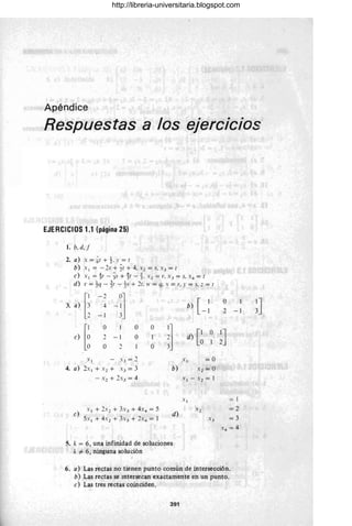 Apéndice
Respuestas a los ejercicios
EJERCICIOS 1.1 (página 25)
1. b,d,f
2. a) . = ~t + 1. = t
b) Xl = - 2s + ;t + 4. x2 = S. X 3 = t
e) Xl =:tr - is + ~t -~. X 2 = r. X 3 = s. x.. = t
d) r = ti] - ~r - ts + 2r. 1' = q. x = r. .r = s. ::: = t
1
1 - 2
0] b) [ _ :
3. a)
l~
4 - 1
- [ .'
[~
O O O
;]
e) 2 - [ O [ d) [1 O
O [
O O 2 O -'
Xl - x3=2 Xl = O
4. a) 2x 1 + X 2 + X. = -'
- X2 + 2X 3 = 4
b) X 2 = O
d)
5. k = 6, una infinidad de soluciones
k -# 6, ninguna solución
X 1 -X2 =[
O
2
~J
- 1
= 1
=2
=3
6. a) Las rectas no tienen punto común de intersección.
b) Las rectas se mtersecan exactamente en un punto.
c) Las tres rectas coinciden.
391
~J
http://libreria-universitaria.blogspot.com
 