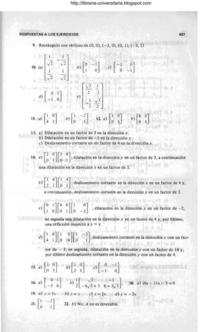 RESPUESTAS A LOS EJERCICIOS
9. Rectángulo con vértices en (O, O), (- 3, O), (0,1), (- 3,1)
j2
I
1
10. (a) 1 e) [-1 0J
° - 1
L
v2
[
'V
3
~l
2 2
e) _
1 'V 3
- - -
2 2
11. (a) [~ ~J 12. a) [~ ~J b) [~ ~J
13. a) Dilatación en un factor de 3 en la dirección x.
b) Dilatación en un factor de - 5 en la dirección y.
e) Deslizamiento cortante en un factor de 4 en la dirección x.
407
14. a) [~ ~J[~ ~J ; dilataciónenladireCCiÓnyenUnfactorde3,acontinUaCiÓn
una dilatación en la dirección x en un factor de 2.
b) [~ ~J [~ ~J ; deslizamiento cortante en la dirección x en un factor de 4 y,
a con tinuación, deslizamiento cortante en la dirección y en un factor de 2.
e) [0 lJ [4 0J [1 0J ; dilatación en la dirección y en un factor de - 2,
I ° ° I ° -2
en seguida una dilatación en la dirección x en un factor de 4 y, por último,
una reflexión respecto a y = x .
[
1 0J [. 1 0J [1 - 3J
d) ; deslizamiento cortante en la dirección x con un fac-
4 1 O 18 O I
tor de - 3; en seguida, dilatación en la dirección y con un factor de 18 y,
por último deslizamiento cortante en la dirección y con un factor de 4.
[0
1 (5)J
15. a)
16. a) [ OIJ
- 5 O
19. a) .' = h
21. [:1 -~J
b) [~ ~J
) I [ -./ 3 -1 J
h 2 _6,j3+ 3 6 + 3,.;3
18. a) 16y - Ilx - 3 = °
b) .' = x d) Y = - 2x
22. b) No; A no es inversible.
http://libreria-universitaria.blogspot.com
 