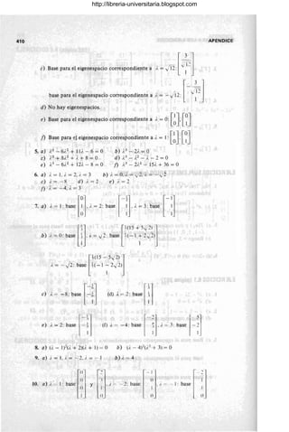 410
e) Base para el eigenespacio correspondiente a [
3 1
,¡=;
), = J12: v
l
-
,
... [~~2l
base para el eigenespacio correspondiente a ). = - ~ 12: 1
d) No hay eigenespacios.
e) Base para el eigenespacio correspondiente a ). = O: [~J [~J
f) Base para el eigenespacio correspondiente a ), = 1: [~l [~J
5. a) i,3 - 6i.2
+ Il i, - 6 = °
e) i3
+ 8i,2 + i. + 8 = °
e) ;'3
- 6i.2
+ 12i. - 8 = °
b) ;.3 - 2i. = °
d) P - i.2
- ), - 2 = °
f) ),3 - 2;.2 - ISi. + 36 = °
6. a) i = 1, i. = 2, i. = 3 b) i. = O, i. = ..J 2, i. = - 2
e) i. = 2
e) i. = - 8 d) ;.= 2
j) ).= - 4,}.=3
7. a)
[0] r-i-J [-1]
), = 1: base (,' i. = 2: base : . i. = 3: base :
[
+(15 - SJ 2.) I
;. = - .j2: base +
(- 1 ~ 2J2. )
el J. ~ - 8 b,,, [ =¡] (d) '~2 b,,, 1~]
8. a) (i, - 1)2(i.+ 2)( ). + 1) = 0 b) (i.- 4)2(i.2
+ 3)= 0
9. a) ;.= U . = -2,;.= - 1 b)j. = 4
l
2
J 1-Ij
- 1-~
~ . I = - :2. base l .I = - 1 base :
() () ()
APENDICE
http://libreria-universitaria.blogspot.com
 