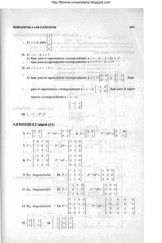 RESPUESTAS A LOS EJERCICIOS
11. (1) X= - 4, ;. =3
b) Base para el eigenespacio correspondiente a ;. = - 4: - 2 + ~x + Xl
base para el eigenespacio correspondiente a ;. = 3: 5 - 2x + X l
12. a) i. = 1, i. = - 2, i. = - 1
411
b) Base para el eigenespacio correspondiente a ;. = 1: [~ ~J y [~ ~J ;base
para el eigenespacio correspondiente a i. = - 2: [ - ~ ~J; base para el eigen~
espacio co rrespondiente a ;. = - 1:
EJERCICIOS 6.2 (página 317)
5. P = [: ~J 6. P = [~ ~J p - 1
AP = [1 0J
O - 1
7. p~ U~ :]
8. P = [-~ ~ ~l
100
9. No diagonalizable
[
1 O0]
p-1 A P = () 2 ()
O O 3
11. No diagonalizable p~ n
O
°l
[" O
°l
12. 1 O P - 1AP = () O ()
O 1 () () 1
13. No diagonalizable l' ,
()
j l-2
O O
~l
o 1
P - 1AP = O - 2 o
14. P =
O O 1 O O 3
0
J
() O O O o O J
:] ()
[:,]
- 1
http://libreria-universitaria.blogspot.com
 