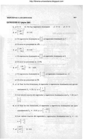 RESPUESTAS A LOS EJERCICIOS
EJERCICIOS 8.3 (página 384)
1. a)A=3
2. a) [1.00 J
.503
b) No hay eigenvalor dominante
b) 5.02
e) A=6 d) A= 3
e) El eigenvector dominante es [~J ;el eigenvalor dominante es 5
d) El error en porcentaje es .4%
3. a) [1 .00 l
.750J
b) 8.01
e) El eigenvector dominante es [~J; el eigenvalor dominante es 8
d) El error en porcentaje es .125%
4. a) [ 1.00 J
- .560
b) -4.00
e) El eigenvector dominante es [ -~J ;el eigenvalor dominante es -4
d) El error en porcentaje es 0%
417
5. a) Al final de dos iteraciones, el eigenvalor y eigenvector dominantes son aproxi-
madamente Al "" 20.1 Y x ~ [ 1 J
.119
b) Los valores exactos del eigenvalor y eigenvector dominantes son Al = 20 Yx =
[~J
6. a) Al final de tres iteraciones, el eigenvalor y eigenvector dominantes son apro-
[-.978J
ximadamente Al "" -9.95 Y x ~ 1
b) Los valores exactos del eigenvalor y eigenvector dominantes son Al = -10.
bj 10.0
http://libreria-universitaria.blogspot.com
 