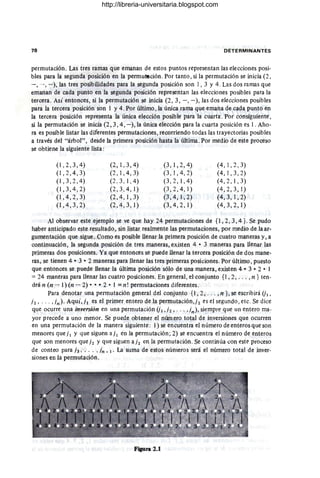 78 DETERMINANTES
permutación. Las tres ramas que emanan de estos puntos representanlas elecciones posi-
bles para la segunda posición en la permuteción. Por tanto , si la permutación se inicia (2,
-, --, - ), las tres posibilidades para la segunda posición son 1, 3 Y 4. Las dos ramas que
emanan de cada punto en la segunda posición representan las elecciones posibles para la
tercera. Así entonces, si la permutación se inicia (2, 3, -, -), las dos elecciones posibles
para la tercera posición son 1 y 4. Por último, la única rama que emana de cada punto en
la tercera posición representa la única elección posible para la cuarta . Por consiguiente,
si la permutación se inicia (2,3,4, - ), la única elección para la cuarta posición es l. Aho-
ra es posible listar las diferentes permutaciones, recorriendo todas las trayectorias posibles
a través del "árbol", desde la primera posición hasta la última. Por medio de este proceso
se obtiene la siguiente lista :
(1,2,3,4) (2,1,3,4) (3,1,2,4) (4,1,2,3)
(1,2,4,3) (2, 1,4,3) (3,1,4,2) (4,1,3,2)
(1,3,2,4) (2 , 3, 1, 4) (3,2,1,4) (4,2,1,3)
(1,3,4,2) (2,3,4,1) (3,2,4,1) (4,2,3,1)
(1,4,2,3) (2 , 4,1,3) (3,4,1,2) (4 , 3,1,2)
(1,4,3,2) (2,4,3,1) (3,4,2, 1) (4,3,2,1)
Al observar este ejemplo se ve que hay 24 permutaciones de {1, 2, 3,4 }. Se pudo
haber anticipado este resultado, sin listar realmente las permutaciones, por medio de la ar-
gumentación que sigue. Como es posible llenar la primera posición de cuatro maneras y, a
continuación, la segunda posición de tres maneras, existen 4 • 3 maneras para Henar las
primeras dos posiciones. Ya que entonces se puede llenar la tercera posición de dos mane-
ras, se tienen 4 · 3 • 2 maneras para llenar las tres primeras posiciones. Por último, puesto
que entonces se puede llenar la última posición sólo de una manera, existen 4 • 3 • 2 • 1
= 24 maneras para llenar las cuatro posiciones. En general, el conjunto {1, 2, ... , n} ten-
drá n (n -- 1) (n -- 2) · • ·2· 1 =n! permutaciones diferentes .
Para denotar una permutación general del conjunto {I, 2, . .. , n } , se escribirá O"
i2 , -. . ,in)' Aquí, iI es el primer entero de la permutación, i2 es el segundo , etc. Se dice
que ocurre una inversión en una permutación 01, i2 , ... ,in)' siempre que un entero ma-
yor precede a uno menor. Se puede obtener el número total de inversiones que ocurren
en una permutación de la manera siguiente : 1) se encuentra el número de enteros que son
menores que iI Y que siguen ai1 en la permutación; 2) se encuentra el número de enteros
que son menores que i2 y que siguen a i2 en la permutación. Se continúa con este proceso
de .conteo para h, . . . , in _l. La suma de estos números será el número total de inver-
siones en la permutación.
Figura 2.1
http://libreria-universitaria.blogspot.com
 