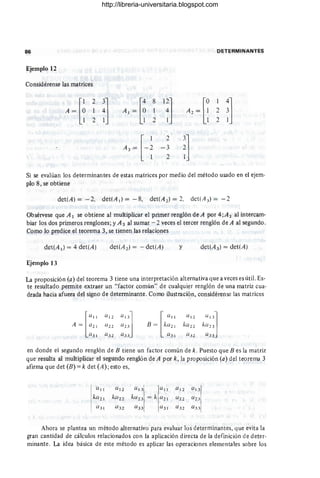86
Ejemplo 12
Considérense las matrices
2
1
2
A, ~ [~
8
1
2
A 3 =
H
DETERMINANTES
1~] A, ~[:
:]
2
2
2
J]
- 3 2
2 1
Si se evalúan los determinantes de estas matrices por medio del método usado en el ejem-
plo 8, se obtiene
det(A) = -2, det(A I ) = -8, det(A 2 ) = 2, det(A )= - 2
Obsérvese que A 1 se obtiene al multiplicar el primer renglón de A por 4 ;A2 al intercam-
biar los dos primeros renglones; y A 3 al sumar - 2 veces el tercer renglón de A al segundo.
Como lo predice el teorema 3, se tienen las relaciones
det(A tl = 4 det(A) det(A 2 ) = - del(A) y det(A 3 ) = det(A)
Ejemplo 13
La proposición (a) del teorema 3 tiene una interpretación alternativa que a veces es útil. Es-
te resultado pennite extraer un "factor común" de cualquier renglón de una matriz cua-
drada hacia afuera del signo de detenninante. Como ilustración, considérense las matrices
[
a ll
A = a 2 1
a31 l
all
B = ka 2 1
a31
en donde el segundo renglón de B tiene un factor común de k. Puesto que B es la matriz
que resulta al multiplicar el segundo renglón deA por k , la proposición (a) del teorema 3
anrma que det (B) = k det (A); esto es,
al 3 all
ka 2 3 = k (/ 2 1
(11 2
a 2 2
Ahora se plantea un método alternativo para evaluar los determinantes, que evita la
gran cantidad de cálculos relacionados con la aplicación directa de la definición de deter-
minante. La idea básica de este método es aplicar las operaciones elementales sobre los
http://libreria-universitaria.blogspot.com
 