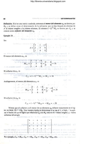98 DETERMINANTES
Definición. Si A es una matriz cuadrada, entonces el menor del elemento a¡¡ se denota por
M¡¡ y se define como el determinante de la submatriz que se deja después de eliminar de
A el i-ésimo renglón y la j-ésima columna. El número (- 1)I+} M¡¡ se denota por C¡¡ y se
conoce como cofactor del elemento ai¡-
Ejemplo 26
Sea
El menor del elemento all es
El cofactor de all es
3
Mil = 2
- l
5
4
Análogamente, el menor del elemento a32 es
El cofactor de a32 es
5
4
1
5
4
-4
6 = I
!
8
- 4
6 = I~
8
~I = 16
-41
6 = 26
Nótese que el cofactor y el menor de un elemento a;¡ difieren únicamente en el sig-
no, es decir, O¡ = ±Mij_ Una manera rápida de determinar si se usa el +,o bien, - es apli-
car el hecho de que el signo que relaciona C¡¡ con M¡I está en el i- ésimo renglón y j- ésima
columna del arreglo
+ + +
+ +
+ + +
+ +
Por ejemplo, C1l = M1l , C21 = - M21 , C12 = -M12 • C22 = M22 , etc.
http://libreria-universitaria.blogspot.com
 