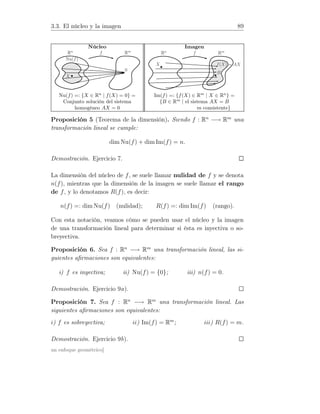 3.3. El núcleo y la imagen 89
Núcleo Imagen
•
0
•X
Nu(f)
Rn
Rm
f
•
B
•
X f(X) = AX
Rn
Rm
f
Nu(f) =: {X ∈ Rn
| f(X) = 0} = Im(f) =: {f(X) ∈ Rm
| X ∈ Rn
} =
Conjunto solución del sistema {B ∈ Rm
| el sistema AX = B
homogéneo AX = 0 es consistente}
Proposición 5 (Teorema de la dimensión). Siendo f : Rn
−→ Rm
una
transformación lineal se cumple:
dim Nu(f) + dim Im(f) = n.
Demostración. Ejercicio 7.
La dimensión del núcleo de f, se suele llamar nulidad de f y se denota
n(f), mientras que la dimensión de la imagen se suele llamar el rango
de f, y lo denotamos R(f), es decir:
n(f) =: dim Nu(f) (nulidad); R(f) =: dim Im(f) (rango).
Con esta notación, veamos cómo se pueden usar el núcleo y la imagen
de una transformación lineal para determinar si ésta es inyectiva o so-
breyectiva.
Proposición 6. Sea f : Rn
−→ Rm
una transformación lineal, las si-
guientes aﬁrmaciones son equivalentes:
i) f es inyectiva; ii) Nu(f) = {0}; iii) n(f) = 0.
Demostración. Ejercicio 9a).
Proposición 7. Sea f : Rn
−→ Rm
una transformación lineal. Las
siguientes aﬁrmaciones son equivalentes:
i) f es sobreyectiva; ii) Im(f) = Rm
; iii) R(f) = m.
Demostración. Ejercicio 9b).
un enfoque geométrico]
 