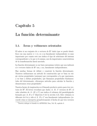 Capítulo 5
La función determinante
5.1. Áreas y volúmenes orientados
El saber si un conjunto de n vectores de Rn
dado (que se puede identi-
ﬁcar con una matriz n × n), es o no linealmente independiente es muy
importante por cuanto esto nos indica el tipo de soluciones del sistema
correspondiente o, lo que es lo mismo, nos da importantes características
de la transformación lineal asociada.
La función determinante es un buen mecanismo teórico que nos indicará
si n vectores dados de Rn
son, o no, linealmente independientes.
Hay muchas formas de deﬁnir y construir la función determinante.
Nosotros utilizaremos un método de construcción que se basa en exi-
gir ciertas propiedades (axiomas) que corresponden a lo que esperamos,
y en base a dichas propiedades, que llamamos propiedades fundamen-
tales del determinante, obtenemos métodos para calcular la función y
demostramos otras propiedades*
.
Nuestra fuente de inspiración es el llamado producto mixto para tres vec-
tores de R3
. El lector recordará que dados A, B, C vectores de R3
, el
valor absoluto de A · (B × C) nos indica el volumen del paralelepípedo
formado por A, B y C (Ejercicio 8 de la sección 4.3). Este volumen es
diferente de 0 si y sólo si A, B y C son linealmente independientes (re-
cuerde cómo se interpreta geométricamente el hecho de que tres vectores
*
Nuestro enfoque es basado en APÓSTOL Tom, Vol. II, capítulo 3.
 