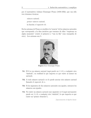 2 1. Inducción matemática y complejos
por el matemático italiano Giusseppe Peano (1858-1932), que usa sólo
tres términos técnicos:
número natural;
primer número natural;
la función el siguiente de.
En los axiomas de Peano se establece la “esencia” de los números naturales
que corresponde a la idea intuitiva que tenemos de ellos: “empiezan en
algún momento” (existe el primero) y “van en ﬁla” (uno enseguida de
otro). Los axiomas son 5:
Figura 1.1. Giusseppe Peano.
N1: El 0 es un número natural (aquí puede ser 1 ó 0, o cualquier otro
“símbolo”, en realidad lo que importa es que existe al menos un
natural).
N2: A todo número natural n se le puede asociar otro número natural
llamado el siguiente de n.
N3: Si los siguientes de dos números naturales son iguales, entonces los
números son iguales.
N4: No existe un número natural cuyo siguiente es 0 (aquí nuevamente
puede ser 1 ó 0, o cualquier otro “símbolo”, lo que importa es que
existe un “primer elemento”).
[Aproximación al álgebra lineal:
 