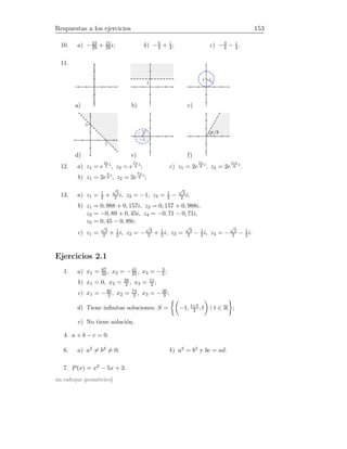 Respuestas a los ejercicios 153
10. a) −23
29 + 15
29 i; b) −5
4 + i
4; c) −3
4 − i
4.
11.
a) b)
i
c)
i 1
d)
2i
2
e)
−1
1
f)
π/3
12. a) z1 = e
3π
4
i
, z2 = e
7π
4
i
;
b) z1 = 2e
π
6
i
, z2 = 2e
7π
6
i
;
c) z1 = 2e
5π
6
i
, z2 = 2e
11π
6
i
.
13. a) z1 = 1
2 +
√
3
2 i, z2 = −1, z3 = 1
2 −
√
3
2 i;
b) z1 = 0, 988 + 0, 157i, z2 = 0, 157 + 0, 988i,
z3 = −0, 89 + 0, 45i, z4 = −0, 71 − 0, 71i,
z5 = 0, 45 − 0, 89i;
c) z1 =
√
3
2 + 1
2i, z2 = −
√
3
2 + 1
2i, z3 =
√
3
2 − 1
2i, z4 = −
√
3
2 − 1
2i.
Ejercicios 2.1
1. a) x1 = 67
50, x2 = −41
25 , x3 = −3
5;
b) x1 = 0, x2 = 39
4 , x3 = 11
4 ;
c) x1 = −40
3 , x2 = 74
3 , x3 = −26
3 ;
d) Tiene inﬁnitas soluciones: S = −1, t+5
2 , t | t ∈ R ;
e) No tiene solución.
4. a + b − c = 0.
6. a) a2 = b2 = 0; b) a2 = b2 y bc = ad.
7. P(x) = x2 − 5x + 3.
un enfoque geométrico]
 