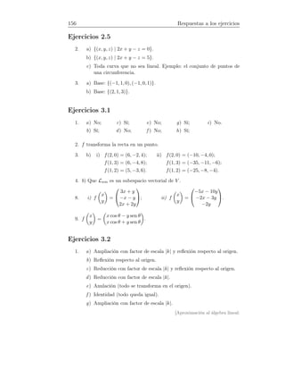 156 Respuestas a los ejercicios
Ejercicios 2.5
2. a) {(x, y, z) | 2x + y − z = 0}.
b) {(x, y, z) | 2x + y − z = 5}.
c) Toda curva que no sea lineal. Ejemplo: el conjunto de puntos de
una circunferencia.
3. a) Base: {(−1, 1, 0), (−1, 0, 1)}.
b) Base: {(2, 1, 3)}.
Ejercicios 3.1
1. a) No;
b) Sí;
c) Sí;
d) No;
e) No;
f ) No;
g) Sí;
h) Sí;
i) No.
2. f transforma la recta en un punto.
3. b) i) f(2, 0) = (6, −2, 4);
f(1, 3) = (6, −4, 8);
f(1, 2) = (5, −3, 6).
ii) f(2, 0) = (−10, −4, 0);
f(1, 3) = (−35, −11, −6);
f(1, 2) = (−25, −8, −4).
4. b) Que Lnm es un subespacio vectorial de V .
8. i) f
x
y
=


3x + y
−x − y
2x + 2y

; ii) f
x
y
=


−5x − 10y
−2x − 3y
−2y

.
9. f
x
y
=
x cos θ − y sen θ
x cos θ + y sen θ
.
Ejercicios 3.2
1. a) Ampliación con factor de escala |k| y reﬂexión respecto al origen.
b) Reﬂexión respecto al origen.
c) Reducción con factor de escala |k| y reﬂexión respecto al origen.
d) Reducción con factor de escala |k|.
e) Anulación (todo se transforma en el origen).
f ) Identidad (todo queda igual).
g) Ampliación con factor de escala |k|.
[Aproximación al álgebra lineal:
 