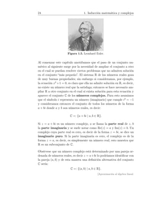 24 1. Inducción matemática y complejos
Figura 1.5. Leonhard Euler.
Al comenzar este capítulo anotábamos que el paso de un conjunto nu-
mérico al siguiente surge por la necesidad de ampliar el conjunto a otro
en el cual se puedan resolver ciertos problemas que no admiten solución
en el conjunto “más pequeño”. El sistema R de los números reales goza
de muy buenas propiedades; sin embargo si consideramos, por ejemplo,
la ecuación x2
+1 = 0, es claro que ella no admite solución en R, es decir,
no existe un número real que la satisfaga; entonces se hace necesario am-
pliar R a otro conjunto en el cual sí exista solución para esta ecuación y
aparece el conjunto C de los números complejos. Para esto asumimos
que el símbolo i representa un número (imaginario) que cumple i2
= −1
y consideramos entonces el conjunto de todos los números de la forma
a + bi donde a y b son números reales, es decir:
C =: {a + bi | a, b ∈ R}.
Si z = a + bi es un número complejo, a se llama la parte real de z, b
la parte imaginaria y se suele notar como Re(z) = a y Im(z) = b. Un
complejo cuya parte real es cero, es decir de la forma z = bi, se dice un
imaginario puro. Si la parte imaginaria es cero, el complejo es de la
forma z = a, es decir, es simplemente un número real, esto muestra que
R es un subconjunto de C.
Obsérvese que un número complejo está determinado por una pareja or-
denada de números reales, es decir z = a+bi lo podríamos identiﬁcar con
la pareja (a, b) y de esta manera una deﬁnición alternativa del conjunto
C sería:
C =: {(a, b) | a, b ∈ R}.
[Aproximación al álgebra lineal:
 
