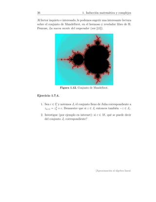 36 1. Inducción matemática y complejos
Al lector inquieto e interesado, le podemos sugerir una interesante lectura
sobre el conjunto de Mandelbrot, en el hermoso y revelador libro de R.
Penrose, La nueva mente del emperador (ver [11]).
Figura 1.12. Conjunto de Mandelbrot.
Ejercicio 1.7.4.
1. Sea c ∈ C y notemos Jc el conjunto lleno de Julia correspondiente a
zn+1 = z2
n + c. Demuestre que si z ∈ Jc entonces también −z ∈ Jc.
2. Investigue (por ejemplo en internet): si c ∈ M, qué se puede decir
del conjunto Jc correspondiente?
[Aproximación al álgebra lineal:
 