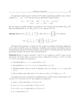Espacios vectoriales 55
Es importante resaltar que los vectores de Fn
pueden representarse también como vectores
columna (x1, . . . , xn)⊤
, xi ∈ F. En este caso, las operaciones toman la forma
(x1, . . . , xn)⊤
+ (y1, . . . , yn)⊤
= (x1 + y1, . . . , xn + yn)⊤
α (x1, . . ., xn)⊤
= (αx1, . . . , αxn)⊤
De esta manera es posible identiﬁcar al espacio Fn
con el espacio de las matrices Mn×1 (F).
Bajo esta identiﬁcación, si A ∈ Mm×n (F) y x ∈ Fn
, entonces Ax ∈ Fm
.
Ejemplo 3.1.4 Sea A =
2 i −1
i + 1 0 1
∈ Mn×1 (C) y x =


1
0
i

 ∈ C3
. Entonces
Ax =
2 i −1
i + 1 0 1


1
0
i

 =
2 − i
2i + 1
∈ C2
El espacio de las matrices y el espacio de las n-uplas son ejemplos de sistemas algebraicos
en los cuales es posible sumar sus elementos y multiplicar por escalares. En distintas áreas de
las matemáticas aparecen estructuras similares, por lo tanto, es razonable presentar una noción
general que abarque cada uno de estos casos particulares.
Deﬁnición 3.1.5 Un espacio vectorial V sobre F es un conjunto no vacío V junto con dos
operaciones. En primer lugar, la suma que asocia a cada par de vectores u, v de V un vector
u + v de V que satisface las condiciones:
1. Conmutatividad: u + v = v + u para todo u, v ∈ V ;
2. Asociatividad: (u + v) + w = u + (v + w) para todo u, v, w ∈ V ;
3. Identidad aditiva: existe un vector 0, llamada vector cero, tal que u + 0 = u para todo
u ∈ V ;
4. Inverso aditivo: para cada vector u ∈ V existe un vector z ∈ V tal que u + z = 0.
La segunda operación, que llamamos multiplicación por escalar, asocia a cada escalar α ∈ F
y vector u ∈ V un vector αu de V que satisface las condiciones:
5. α (βu) = (αβ) u para todo α, β ∈ F y u ∈ V ;
6. α (u + v) = αu + αv para todo α ∈ F y u, v ∈ V ;
7. (α + β) u = αu + βu para todo α, β ∈ F y u ∈ V ;
8. 1u = u para todo u ∈ V.
 