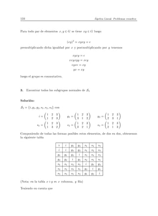134                                                        Algebra Lineal. Problemas resueltos


Para todo par de elementos x y 2 G se tiene xy 2 G luego

                                 (xy )2 = xyxy = e
premultiplicando dicha igualdad por x y postmultiplicando por y tenemos
                                        xyxy = e
                                      xxyxyy = xey
                                       eyxe = xy
                                        yx = xy
luego el grupo es conmutativo.


3. Encontrar todos los subgrupos normales de S3

Solucion:
S3 = fi g1 g2 s1 s2 s3g con
             i= 1 2 3
                1 2 3                 g1 = 1 2
                                           3 1
                                                  3
                                                  2          g2 = 1 2
                                                                  2 3
                                                                             3
                                                                             1
           s1 = 1 2 3
                1 3 2                 s2 = 1 2
                                           3 2
                                                  3
                                                  1          s3 = 1 2
                                                                  2 1
                                                                             3
                                                                             3
Componiendo de todas las formas posibles estos elementos, de dos en dos, obtenemos
la siguiente tabla
                                  i    g1   g2   s1   s2      s3
                           i      i    g1   g2   s1   s2      s3
                          g1     g1    g2    i   s3   s1      s2
                          g2     g2     i   g1   s2   s3      s1
                          s1     s1    s2   s3    i   g1      g2
                          s2     s2    s3   s1   g2    i      g1
                          s3     s3    s1   s2   g1   g2       i
(Nota: en la tabla x y es x columna, y la)
Teniendo en cuenta que
 