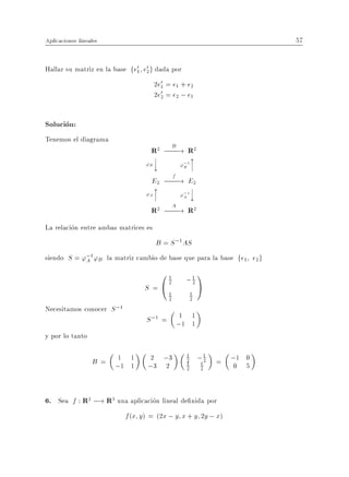 Aplicaciones lineales                                                    57


Hallar su matriz en la base fe01 e02 g dada por
                                      2e01 = e1 + e2
                                      2e02 = e2 ; e1


Solucion:
Tenemos el diagrama
                                    R2 ; B ! R2
                                        ;;;
                                      ?                 x
                                  'B ?
                                     y             ';1?
                                                    B?
                                               f
                                    E2 ; ! E2
                                        ;;;
                                      x                 ?
                                  'A ?
                                     ?             ';1?
                                                    Ay

                                    R2 ; A ! R2
                                        ;;;
La relacion entre ambas matrices es
                                      B = S ;1 AS
siendo S = ';1 'B la matriz cambio de base que para la base fe1 e2 g
            A
                                    01              ;1
                                                            1
                                  S=@                       A
                                      2              2

                                           1            1
                                           2            2
Necesitamos conocer S ;1
                                  S ;1 = ;1 1
                                          1
                                            1
y por lo tanto

                   B = ;1 1
                       1           2 ;3             1
                                                    2       ; 1 = ;1 0
                                                               2
                          1        ;3 2             1
                                                    2
                                                             1
                                                             2     0 5


6. Sea f : R2 ;! R3 una aplicacion lineal de nida por
                      f (x y) = (2x ; y x + y 2y ; x)
 