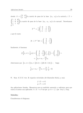 Aplicaciones lineales                                                            59


siendo   S =       2 0 la matriz de paso de la base fv v g a la natural y T =
01 2         1     1 3                                1 2

           0
@1 0       0 A la matriz de paso de la base fu1 u2 u3 g a la natural. Necesitamos
   1 1     2
T ;1                                          0       1
                                           0 4 0
                                             1@
                                 T ;1 = 4 2 ;2 0 A
                                          ;1 ;1 2
y por lo tanto
                                             0     3 3
                                                        1
                               B = T ;1 AS = @     0 ;3 A
                                                  ;3 3
                                                   2


 nalmente, si hacemos
                                         0
                                       3 3
                                                  1           0      7
                                                                      1
                 f ( 3 v1 + (; 1 v2 )) = @
                                       0 ;3 A ; 1 =           @      1A =
                                                     3               2
                                                     2
               2         3            ;3 3           3            ; 13
                                       2                             4

                                = 7 u1 + u2 ; 13 u3
                                    2            4
observamos que 2 v1 + (; 3 )v2 = 3 (2 1) ; 1 (0 3) = (3 1 )
               3         1
                                 2         3            2         luego

                               7 u + u ; 13 u = ( 11 7 ;2)
                               2 1 2 4 3           2 2


7. Sean E F G tres K -espacios vectoriales (de dimension nita), y sean
                                f : E ;! G
                                g : F ;! G
dos aplicaciones lineales. Demostrar que es condicion necesaria y su ciente para que
exista al menos una aplicacion h : E ;! F tal que g h = f , que Imf Img .

Solucion:
Consideremos el diagrama
 