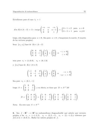 Diagonalizacion de endomor smos                                                   91


Estudiemos pues el caso t1 = 1

                             0; ;                 ;
                                                      1
 dim Ker(A ; I ) = 3 ; rango @                     ; 1 A = 3 ; 1 = 2 para
                                                           3 ; 2 = 1 para
                                                                               =0
                                                                               6= 0
                                      0    0       1

luego, solo diagonaliza para      = 0. Sea pues   = 0 y busquemos la matriz S (matriz
de los vectores propios).
Sean fv1 v2 g base de Ker (A ; I )
                     00   0 0      x
                                    10 1 001
                     @0   0 ;1 A @ y A = @ 0 A ) ;z = 0
                        0 0 1      z              0       z=0

sean pues v1 = (1 0 0) v2 = (0 1 0)
y fv3 g base de Ker (A + I )
                 0 ;1 0 0 1 0 x 1 0 0 1
                 @ 0 ;1 ;1 A @ y A = @ 0 A ) ;x = 0
                    0 0 0      z       0    ;y ; z = 0

Sea pues v3 = (0 1 ;1)
            01   0 0
                          1
luego   S = @0   1 1 A y en efecto, se tiene que D = S ;1 AS
               0 0 ;1
              01    0 0
                           1 01        0 0
                                               10
                                               1 0 0
                                                            10
                                                          1 0 0
                                                                          1
          D = @0    1 0A =   @0        1 1 A @ 0 1 ;1 A @ 0 1 1 A
                  0 0 2              0 0 ;1    0 0 2      0 0 ;1

Nota: En este caso S = S ;1


8. Sea f : R3 ;! R3 un endomor smo diagonalizable que admite por vectores
propios a los v1 = (;1 2 2) v2 = (2 2 ;1) v3 = (2 ;1 2) y sabemos que
f (5 2 5) = (0 0 7) . Hallar los valores propios de f .
 