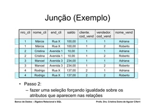 Banco de Dados – Álgebra Relacional e SQL Profa. Dra. Cristina Dutra de Aguiar Ciferri
Junção (Exemplo)
nro_cli nome_cli end_cli saldo cliente.
cod_vend
vendedor.
cod_vend
nome_vend
1 Márcia Rua X 100,00 1 1 Adriana
1 Márcia Rua X 100,00 1 2 Roberto
2 Cristina Avenida 1 10,00 1 1 Adriana
2 Cristina Avenida 1 10,00 1 2 Roberto
3 Manoel Avenida 3 234,00 1 1 Adriana
3 Manoel Avenida 3 234,00 1 2 Roberto
4 Rodrigo Rua X 137,00 2 1 Adriana
4 Rodrigo Rua X 137,00 2 2 Roberto
• Passo 2:
– fazer uma seleção forçando igualdade sobre os
atributos que aparecem nas relações
 