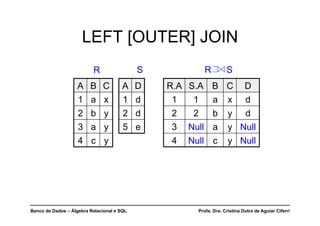 Banco de Dados – Álgebra Relacional e SQL Profa. Dra. Cristina Dutra de Aguiar Ciferri
LEFT [OUTER] JOIN
A B C A D R.A S.A B C D
1 a x 1 d 1 1 a x d
2 b y 2 d 2 2 b y d
3 a y 5 e 3 Null a y Null
4 c y 4 Null c y Null
R S R S
 