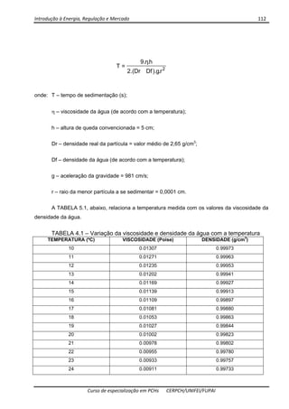 Introdução à Energia, Regulação e Mercado      112 
 
 
Curso de especialização em PCHs  CERPCH/UNIFEI/FUPAI 
onde: T – tempo de sedimentação (s);
η – viscosidade da água (de acordo com a temperatura);
h – altura de queda convencionada = 5 cm;
Dr – densidade real da partícula = valor médio de 2,65 g/cm3
;
Df – densidade da água (de acordo com a temperatura);
g – aceleração da gravidade = 981 cm/s;
r – raio da menor partícula a se sedimentar = 0,0001 cm.
A TABELA 5.1, abaixo, relaciona a temperatura medida com os valores da viscosidade da
densidade da água.
TABELA 4.1 – Variação da viscosidade e densidade da água com a temperatura
TEMPERATURA (ºC) VISCOSIDADE (Poise) DENSIDADE (g/cm3
)
10 0.01307 0.99973
11 0.01271 0.99963
12 0.01235 0.99953
13 0.01202 0.99941
14 0.01169 0.99927
15 0.01139 0.99913
16 0.01109 0.99897
17 0.01081 0.99880
18 0.01053 0.99863
19 0.01027 0.99844
20 0.01002 0.99823
21 0.00978 0.99802
22 0.00955 0.99780
23 0.00933 0.99757
24 0.00911 0.99733
2
r.g).DfDr.(2
h.η.9
=T
 