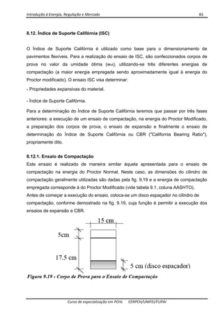Introdução à Energia, Regulação e Mercado      83 
 
 
Curso de especialização em PCHs  CERPCH/UNIFEI/FUPAI 
8.12. Índice de Suporte Califórnia (ISC)
O Índice de Suporte Califórnia é utilizado como base para o dimensionamento de
pavimentos flexíveis. Para a realização do ensaio de ISC, são confeccionados corpos de
prova no valor da umidade ótima (wot), utilizando-se três diferentes energias de
compactação (a maior energia empregada sendo aproximadamente igual à energia do
Proctor modificado). O ensaio ISC visa determinar:
- Propriedades expansivas do material.
- Índice de Suporte Califórnia.
Para a determinação do Índice de Suporte Califórnia teremos que passar por três fases
anteriores: a execução de um ensaio de compactação, na energia do Proctor Modificado,
a preparação dos corpos de prova, o ensaio de expansão e finalmente o ensaio de
determinação do Índice de Suporte Califórnia ou CBR ("California Bearing Ratio"),
propriamente dito.
8.12.1. Ensaio de Compactação
Este ensaio é realizado de maneira similar àquela apresentada para o ensaio de
compactação na energia do Proctor Normal. Neste caso, as dimensões do cilindro de
compactação geralmente utilizadas são dadas pela fig. 9.19 e a energia de compactação
empregada corresponde à do Proctor Modificado (vide tabela 9.1, coluna AASHTO).
Antes de começar a execução do ensaio, coloca-se um disco espaçador no cilindro de
compactação, conforme demostrado na fig. 9.19, cuja função é permitir a execução dos
ensaios de expansão e CBR.
 