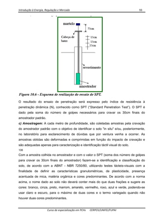 Introdução à Energia, Regulação e Mercado      93 
 
 
Curso de especialização em PCHs  CERPCH/UNIFEI/FUPAI 
O resultado do ensaio de penetração será expresso pelo índice de resistência à
penetração dinâmica (N), conhecido como SPT (“Standard Penetration Test”). O SPT é
dado pela soma do número de golpes necessários para cravar os 30cm finais do
amostrador padrão.
c) Amostragem: A cada metro de profundidade, são coletadas amostras pela cravação
do amostrador padrão com o objetivo de identificar o solo "in situ" e/ou, posteriormente,
no laboratório para esclarecimento de dúvidas que por ventura venha a ocorrer. As
amostras obtidas são deformadas e comprimidas em função do impacto de cravação e
são adequadas apenas para caracterização e identificação táctil visual do solo.
106
Com a amostra colhida no amostrador e com o valor o SPT (soma dos número de golpes
para cravar os 30cm finais do amostrador) fazem-se a identificação e classificação do
solo, de acordo com a ABNT - NBR 7250/80, utilizando testes tácteis-visuais com a
finalidade de definir as características granulométricas, de plasticidade, presença
acentuada de mica, matéria orgânica e cores predominantes. De acordo com a norma
acima, o nome dado ao solo não deverá conter mais do que duas frações e sugere as
cores: branco, cinza, preto, marrom, amarelo, vermelho, roxo, azul e verde, podendo-se
usar claro e escuro, para o máximo de duas cores e o termo variegado quando não
houver duas cores predominantes.
 
